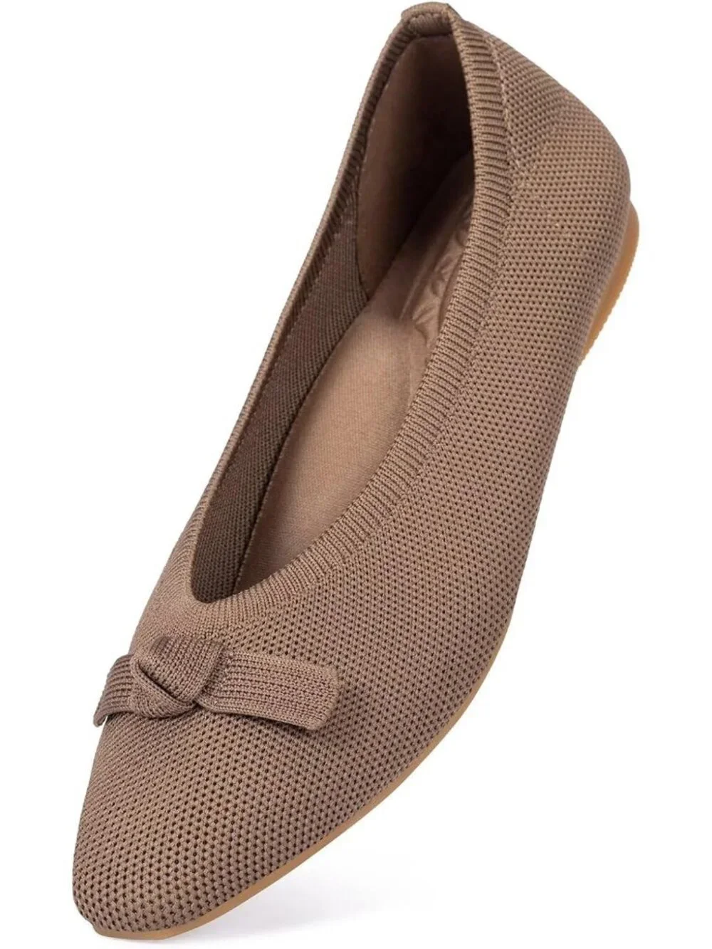Frank Mully Women's Brown Solid Rubber Knit Squared Toe Bow Slip On Ballet Flats